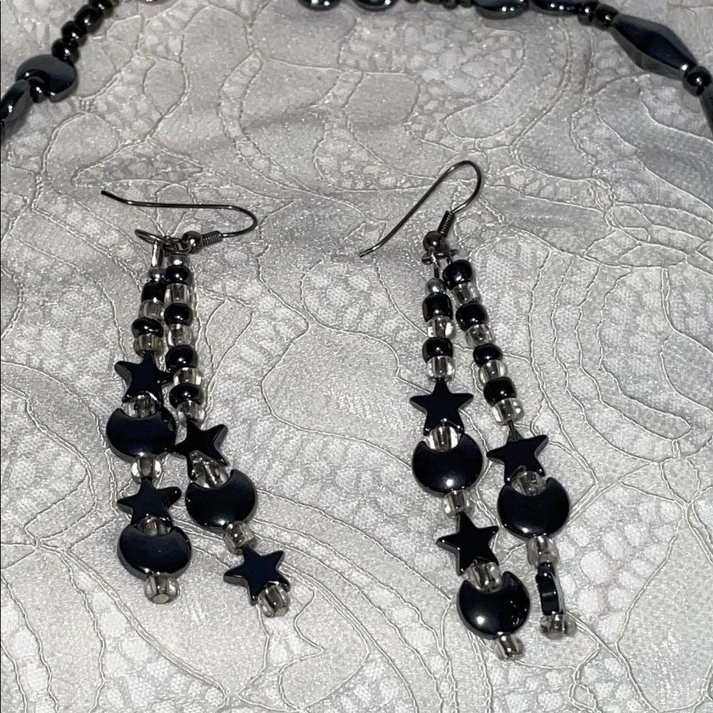 Elegant Celestial Stars and Moon Hematite Necklace and Earring Set - Picture 2 of 4